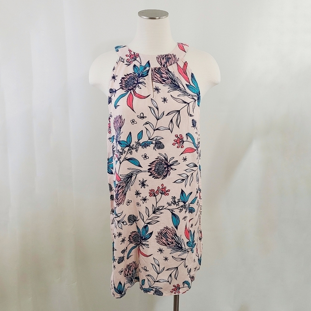 Rachel Ashwell pink floral linen dress sleeveless shift size medium